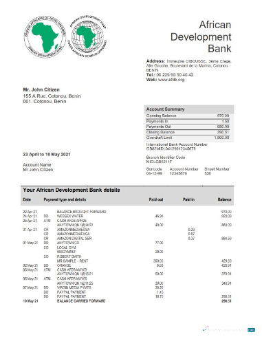 Download Benin African Development bank statement word